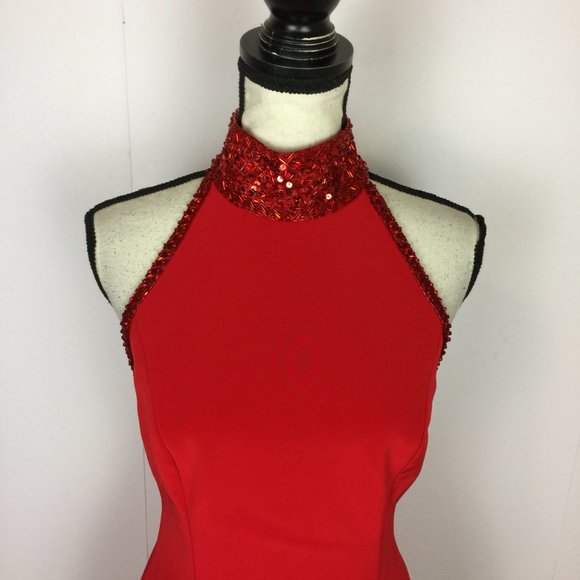Niteline Della Roufagali Sheath Dress Size 10 Womans Red Halter Beaded Open Back - Picture 12 of 15
